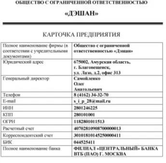 Карточка предприятия